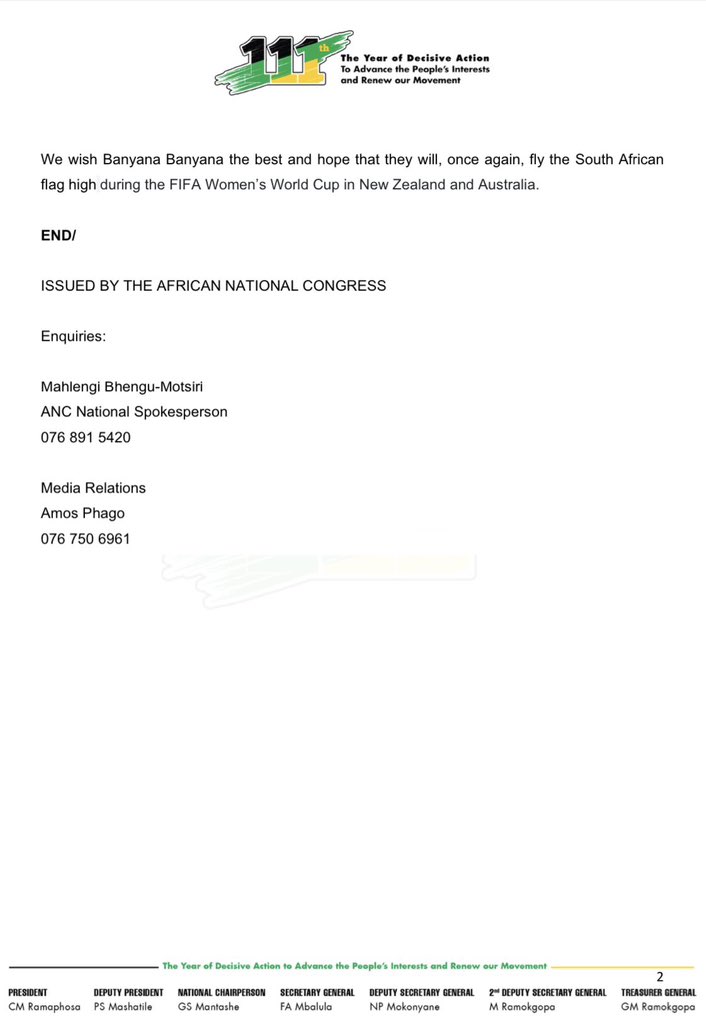 MbalulaFikile's tweet photo. ANC URGES SPEEDY RESOLUTION TO THE IMPASSE BETWEEN BANYANA BANYANA AND SAFA. https://t.co/dCDmj2ITdq