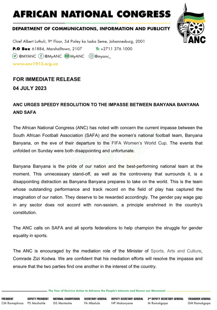 MbalulaFikile's tweet photo. ANC URGES SPEEDY RESOLUTION TO THE IMPASSE BETWEEN BANYANA BANYANA AND SAFA. https://t.co/dCDmj2ITdq