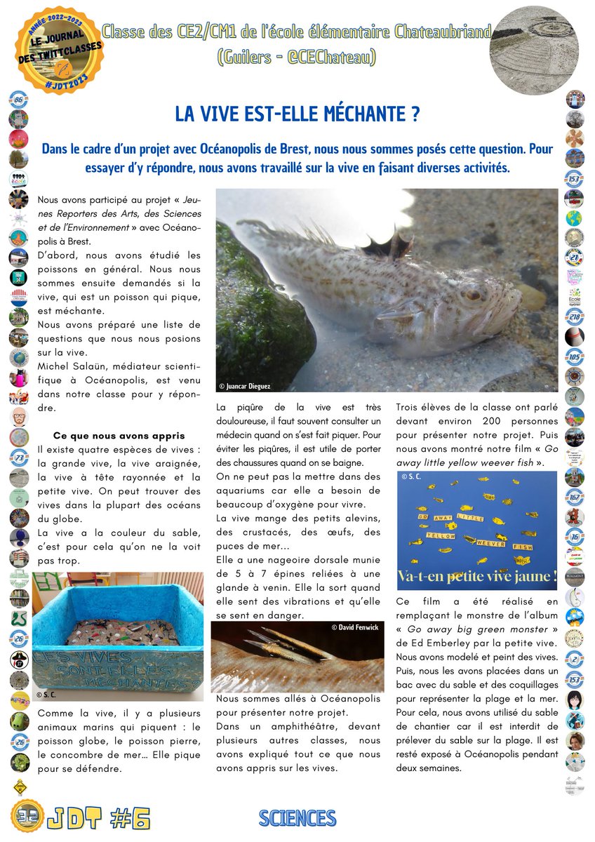 #UnArticleDuJdT
Pour cette 25e découverte, nous vous proposons l'article des élèves de CE2/CM1 de <a href="/CEChateau/">Hyper</a> (#Guilers) dans le Journal des TwittClasses. #JdT2023🗞️
Il parle de leur projet avec l'<a href="/Oceanopolis_/">Océanopolis Brest</a> de Brest sur la vive. Il se trouve en page 32 du JdT.
Bonne lecture !