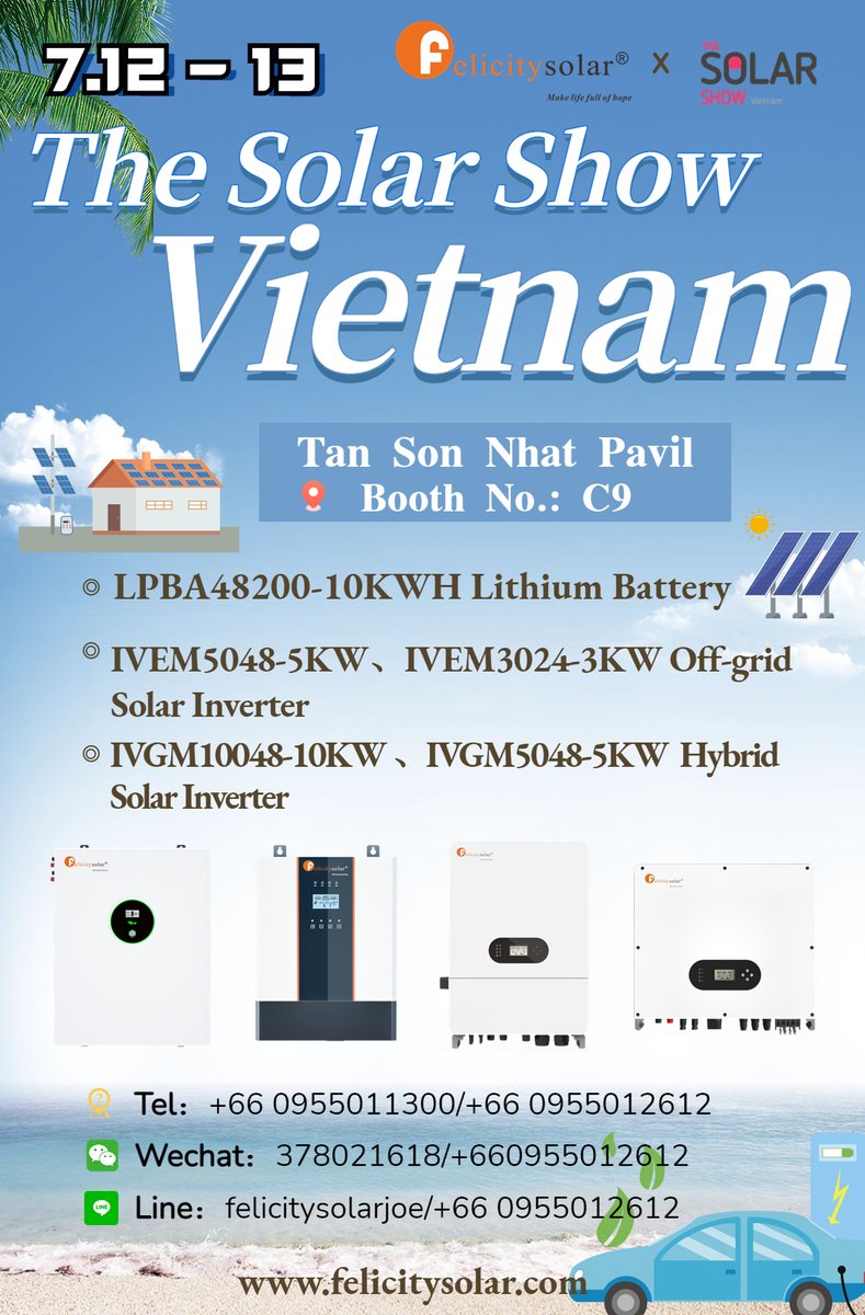 Felicitysolar's tweet photo. Don’t miss out on Felicity Solar at The Solar Show Vietnam🇻🇳! Our products are perfect for anyone looking to save energy and reduce their carbon footprint. Come visit us at our booth to learn more.🌼

#thesolarshow #solarexpo #gogreen #vietnam #vietnamexpo #lithiumbattery https://t.co/bPWLgjS06F