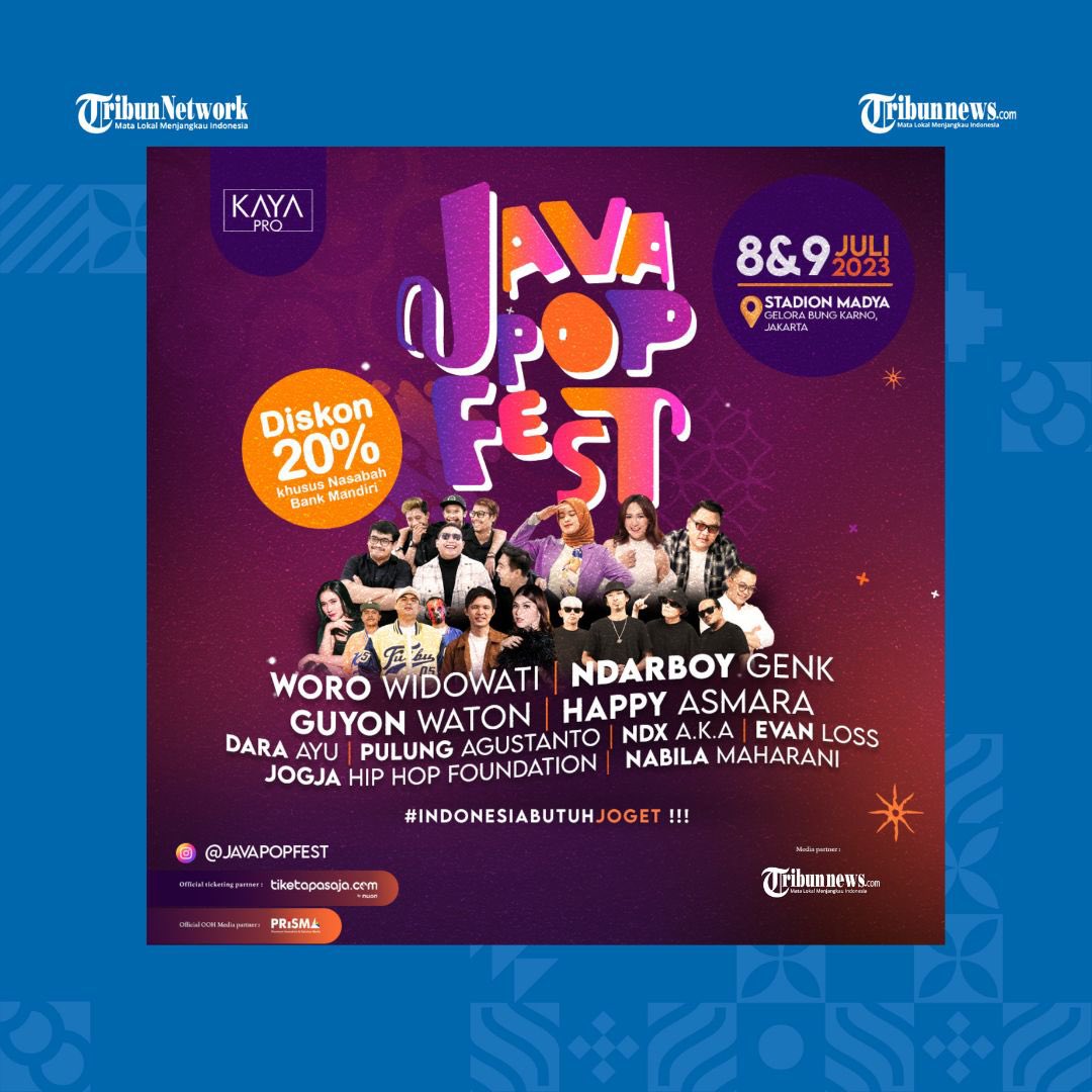 tribunnews's tweet photo. Java Pop Fest sebentar lagi lurr!🤩✨

Jakarta dan sekitarnya udah mulai kerasa getaran #IndonesiaButuhJoget nihh! Yukk nonton festival musik buat weekend kamu lurr💯

🗓️ 8 & 9 Juli 2023
📍 Stadion Madya, Gelora Bung Karno
🎫 https://t.co/SJbhXTP3iP

Jangan lupa ambil tiket harga spesial untuk Nasabah Bank Mandiri‼️

#JavaPopFest #JavaPopFestival #GeloraAmbyar

@javapopfest