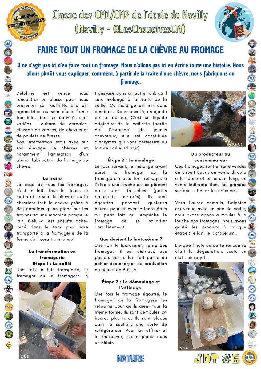 #UnArticleDuJdT
Pour cette 26e découverte, nous vous proposons l'article des élèves de CM de <a href="/LesChouettesCM/">Les aventuriers du monde</a> (#Navilly) dans le Journal des TwittClasses. #JdT2023🗞️
Il parle de la fabrication du fromage de chèvre. Il se trouve en page 33 du JdT.
Bonne lecture ! <a href="/Lorine_agri/">Lorine</a>