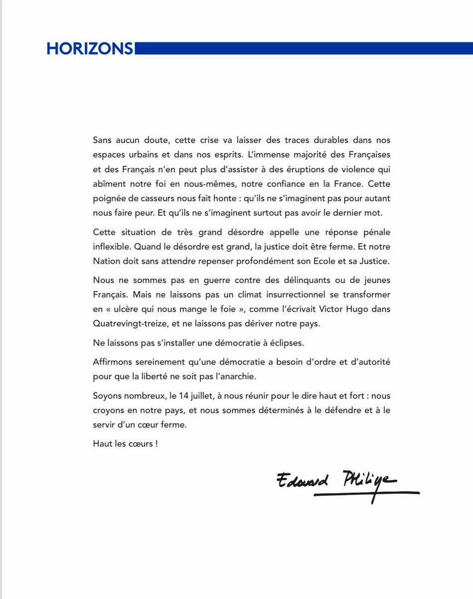 🔵⚪️ « Ne laissons pas s’installer une démocratie à éclipses. Affirmons sereinement qu’une démocratie a besoin d’ordre et d’autorité pour que la liberté ne soit pas l’anarchie. » <a href="/EPhilippe_LH/">Edouard Philippe</a> dans la lettre envoyée à nos adhérents ⤵️