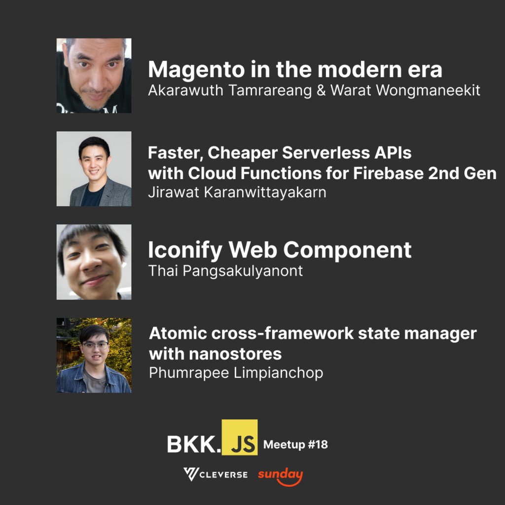 Jirawatee's tweet image. Honoured to be invited as a speaker for 𝐁𝐤𝐤.𝐣𝐬 𝐌𝐞𝐞𝐭𝐮𝐩 𝟏𝟖 where I'll give a talk and demo in "Faster, Cheaper Serverless APIs with #CloudFunctions for #Firebase 2nd Gen"
🎫 eventpop.me/e/15581/bkk-js…
📅 Wed 12 July 2023, 18:30 - 21:30
📍 Cleverse goo.gl/maps/6zCLfdQ55…
