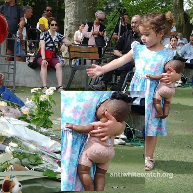 AntiWhiteWatch1's tweet photo. A young #indigenous French girl at a memorial for the casualties of the #annecyattack by a Syrian migrant. Notice what she is clutching. From a young age the minds of #ethnicEuropeans and the foundations of identity are being warped. #Nahel https://t.co/b519eBImRb