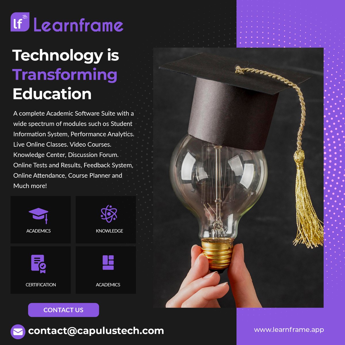 capulustech's tweet image. We are excited to introduce LearnFrame, a groundbreaking Learning Management System (LMS) and Massive Open Online Course (MOOC) platform tailored specifically for schools and universities.

#capulustech #learnframe

#universities #educationtransformation #learningmanagementsystem