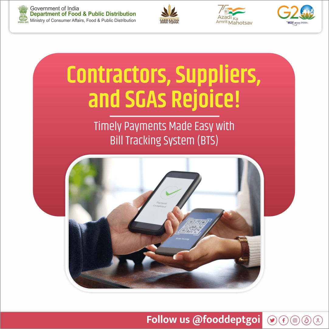 fooddeptgoi's tweet photo. Timely Payments made easy! Payment through Bill Tracking System (BTS) to contractors, suppliers, and SGAs. Ensuring timely transactions.
#TimelyPayment #Efficiency #NationalFoodConference2023 https://t.co/BKdCagIa7M