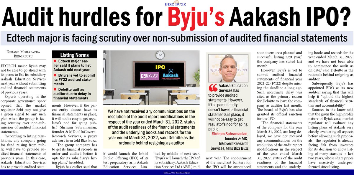 Audit hurdles for Byju's Aakash IPO?
Edtech major is facing scrutiny over non-submission of audited financial statements @ByjusSupport @aakashinstitute @InGovern 

#education #markets #Onlineclasses #OnlineLearning #learning 
check out the story : bizzbuzz.news/markets/audit-…