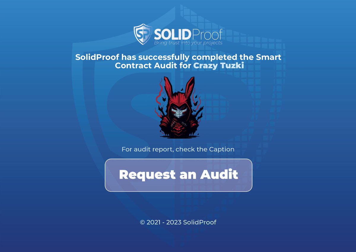 SolidProof_io's tweet photo. We are happy to announce that we have completed the smart contract audit for @Crazyrabbitking

The contract does not contain issues of high or medium criticality. 

Check out the full audit report here:
https://t.co/rdNTj1K18S

Need an audit or KYC?
https://t.co/hI4INWqxbF

#SmartContracts #Blockchain