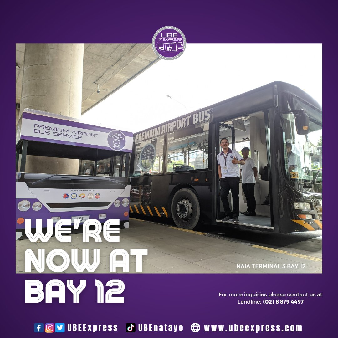 ubeexpress's tweet photo. 𝙃𝙚𝙖𝙙𝙨 𝙐𝙥!
July 05, 2023
Wednesday
Your Ultimate Bus Experience booth has been relocated to NAIA Terminal 3's Bay 12.
Visit us there, and our deployed PSAs will assist you and address your concerns.
Thank you and please be guided accordingly.
#UbeExpress #NAIA #P2P https://t.co/2yyYIOCdn0