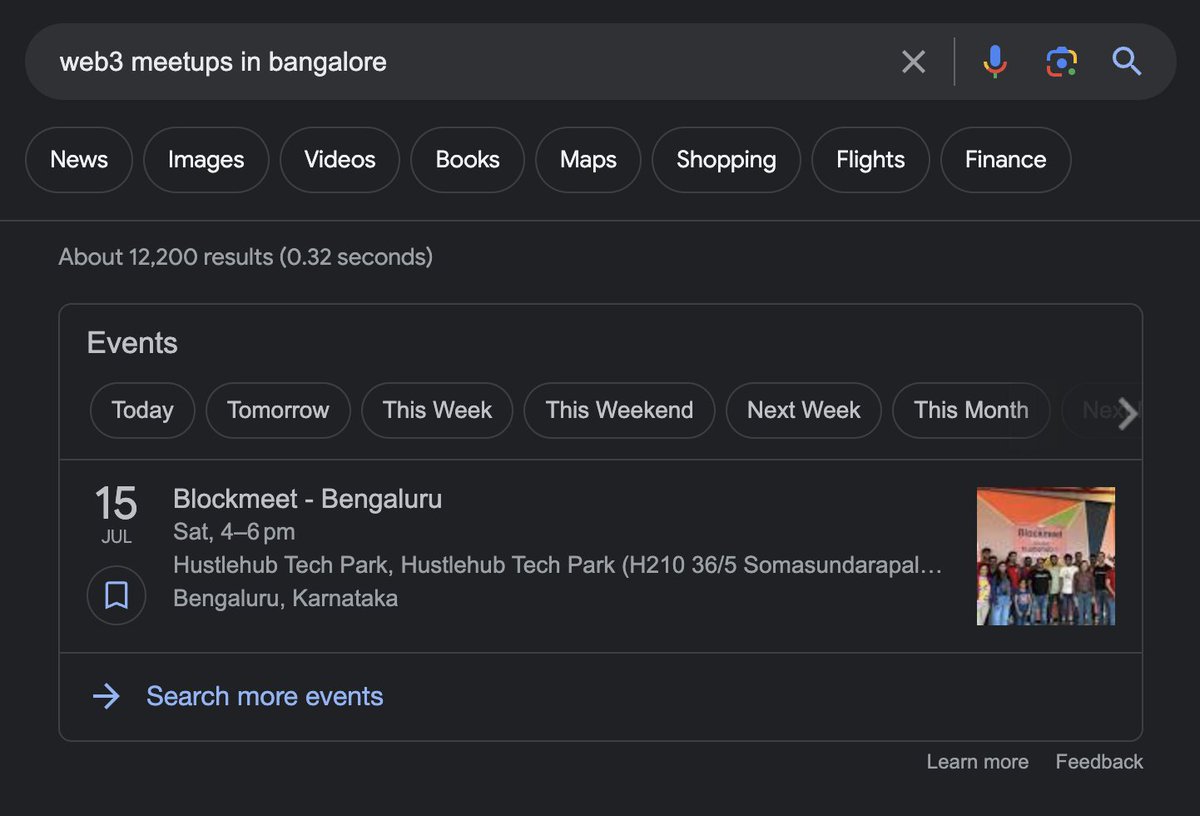 When I search for #web3 meetups in Bangalore and <a href="/FoundershipHQ/">Foundership</a>'s #Blockmeet comes first 🤩