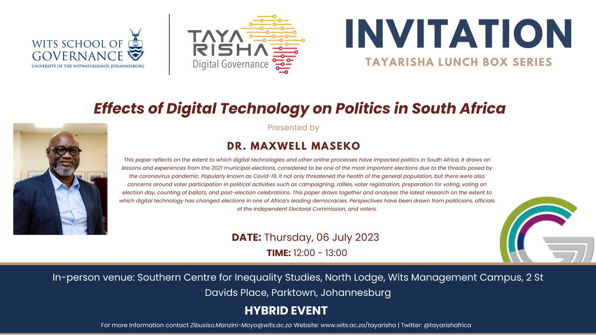 Tayarisha_Wits's tweet photo. UPDATE: Tayarisha Lunch Box Series with Dr Maxwell Maseko
Please note the change in the speaker for the Tayarisha Lunch Box Series scheduled for Thursday 06 July 2023. https://t.co/NiNtHo4pRS