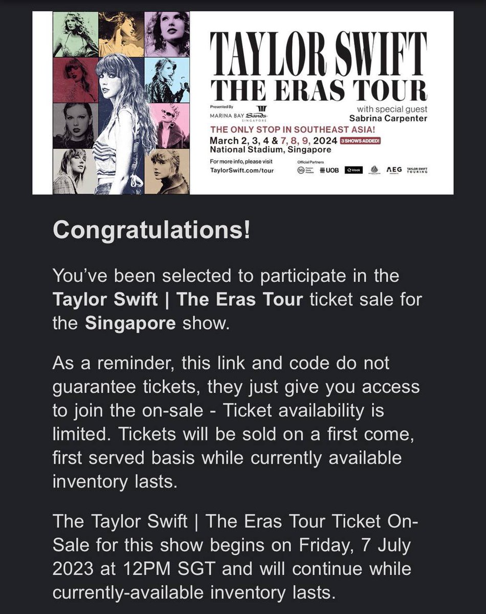 TSTheErasTourSG's tweet image. 📧 | Selected Fans who got their email access code will look like this!