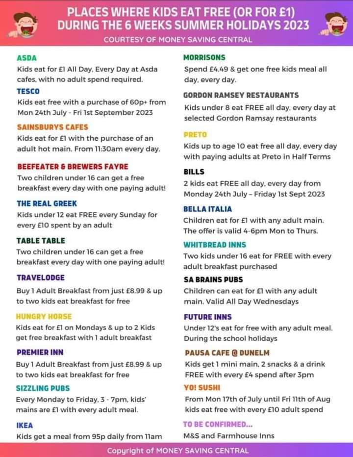 NDEGareth's tweet photo. During summer holidays why not visit some of these establishments where kids can eat for free (some charge £1).😁
@ndeducation https://t.co/s69bgz2JYU