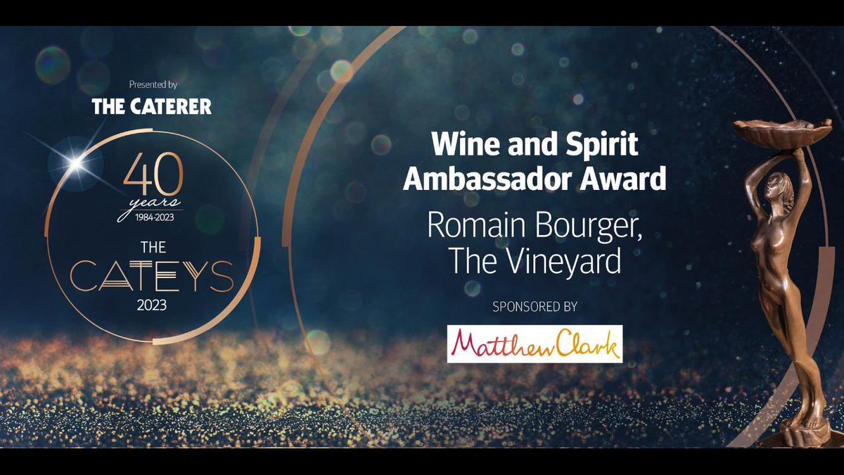We are overjoyed that our Director of Wine and Beverage, Romain Bourger, was shortlisted for the #cateys2023 and won the Wine and Spirit Ambassador Award 🍷🥂😃

Huge congratulations Romain, we couldn’t be prouder! <a href="/RBourger/">Romain Bourger</a> <a href="/MatthewClarkLtd/">Matthew Clark</a> #Cateys2023