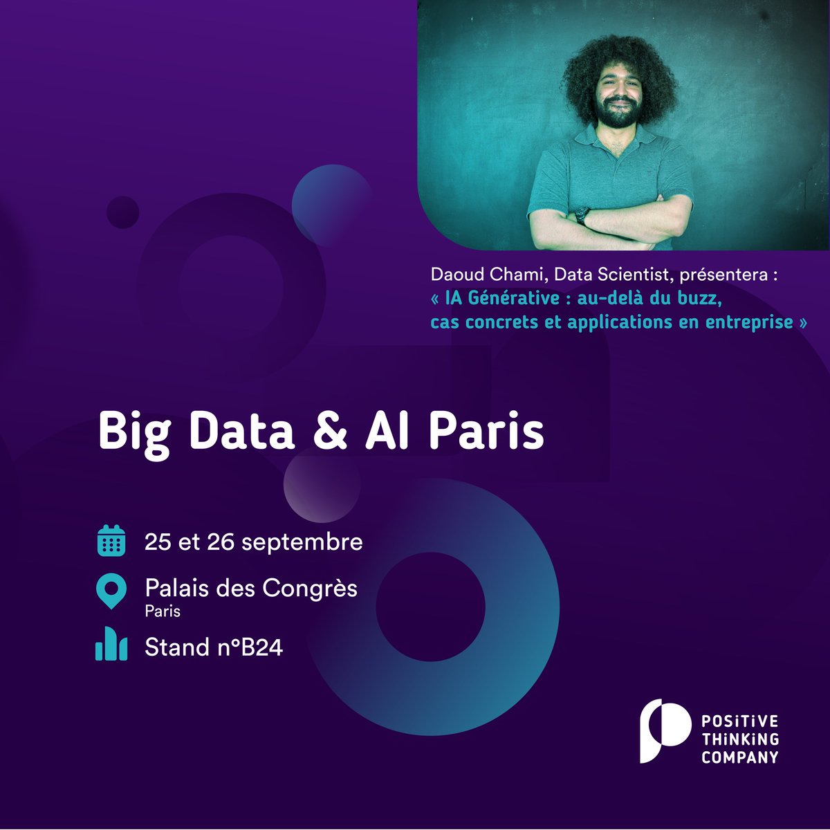 Big Data &amp; AI Paris - 25 &amp; 26 septembre💥

🎤 Daoud Chami, Data Scientist animera un workshop "#IA Générative : au-delà du buzz, cas concrets et applications en entreprise"

👋 Durant les deux jours, venez également nous rencontrer sur notre stand (B24) !

À très vite !

#BDAIP23