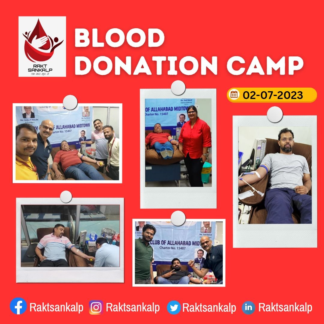 RaktSankalp's tweet photo. Delighted to share the glimpses of #blooddonationcamp organised by @rotary_midtown with @RaktSankalp as the #pledgepartner on 2nd Jul'23. Congratulations everyone! #raktsankalp #raktsoldiers #harghardonor #donatebloodsavelives #mission2025 #prayagraj #donatebloodsavelives #Blood https://t.co/0RODicPlFC