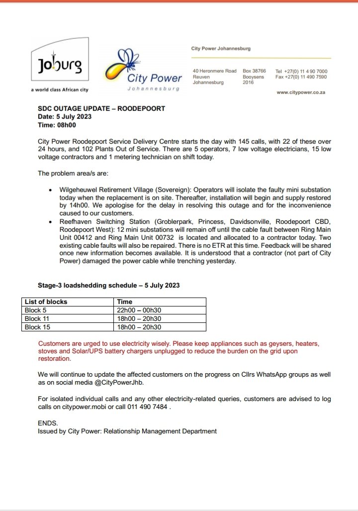 CityPowerJhb's tweet photo. #JoburgUpdates
#RoodepoortSDC
Reefhaven Switching Station (Groblerpark, Princess, Davidsonville, Roodepoort CBD,
Roodepoort West): 12 mini substations will remain off until the cable fault is located and allocated to a contractor today. No ETR at this time.^LP https://t.co/dXaJHSU3xl