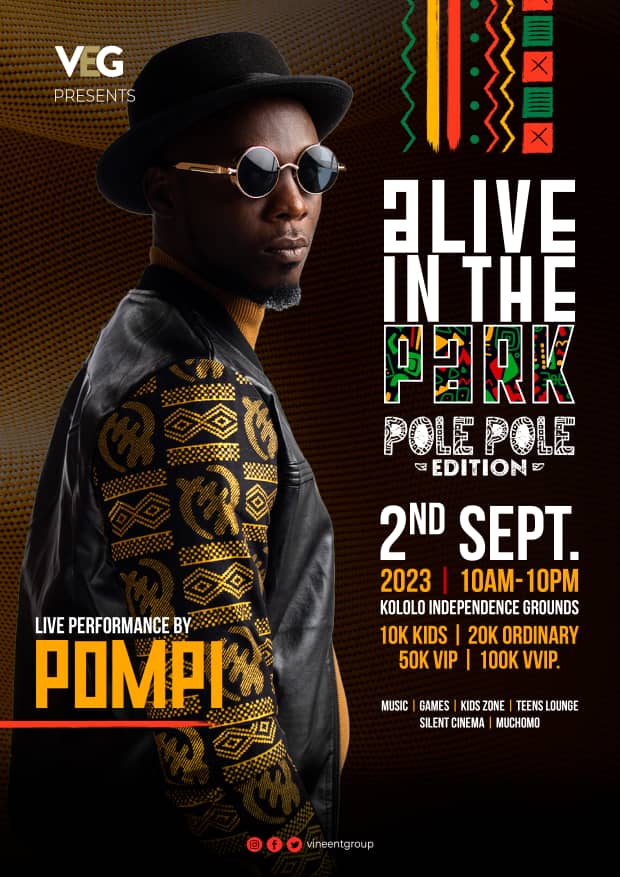 Alive In the Park 2023 is here!!! Get ready for a super-duper dupally family event. happening on the 2nd of September Kololo Independence Grounds featuring live performances by @ThePompi this is #AliveInthePark #PolePole