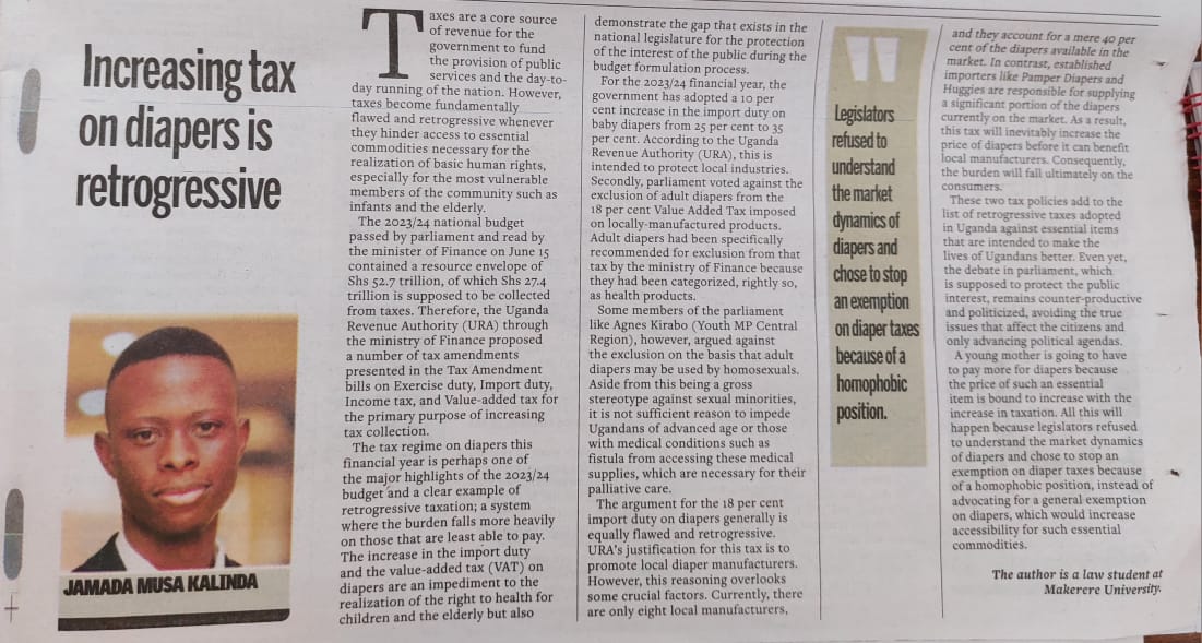 Kalinda Jamada Musa (@kalindajamada) on Twitter photo Social Economic Justice requires that the most vulnerable members of the community are protected from economic hardship, the Diaper Tax passed by <a href="/UgParliament/">Parliament Of Uganda</a> is the opposite of that. Read about this retrogressive tax in my Op-Ed in the Observer newspaper (p23) today. Social Economic Justice requires that the most vulnerable members of the community are protected from economic hardship, the Diaper Tax passed by <a href="/UgParliament/">Parliament Of Uganda</a> is the opposite of that. Read about this retrogressive tax in my Op-Ed in the Observer newspaper (p23) today.