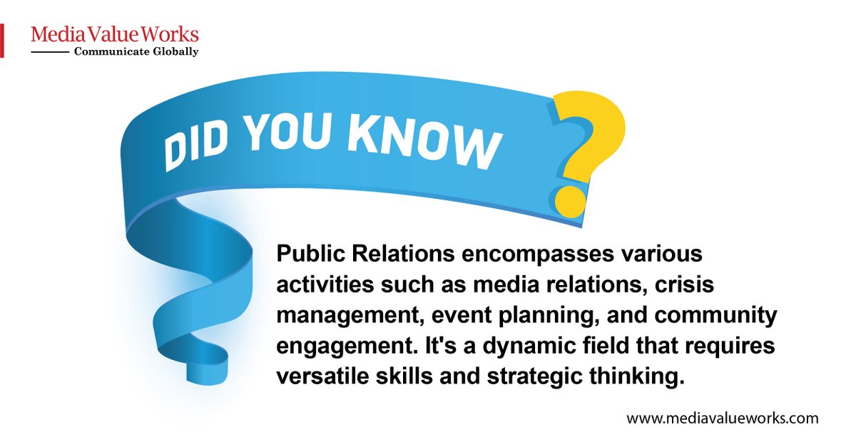 Public Relations (PR) is a multifaceted field that involves managing the communication and image of an organization or individual to its target audience.

#mediavalueworks #publicrelations #digitalcommunications #mediarelations #crisismanagement #eventplanning #business