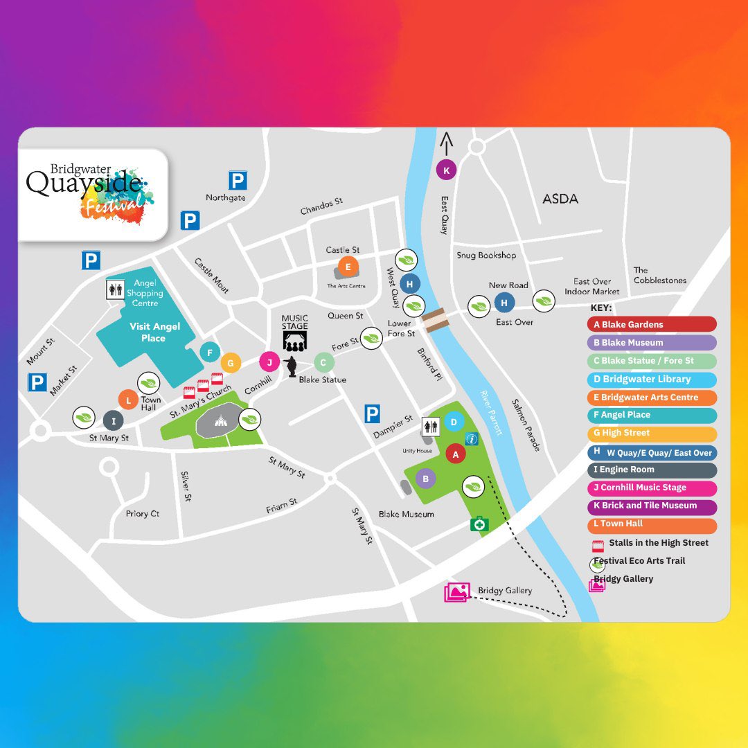 3 DAYS TO GO 🌈🎵🧡
 
Events take place throughout the town centre: West Quay, Blake Gardens, Fore St, High Street, Engine Room, Bridgwater Arts Centre, Blake Museum, Bridgwater Library, Bridgy Gallery and the Carnival Centre.

🗺️ : bridgwaterquaysidefestival.uk/event-map/

#BQF2023 #BQF