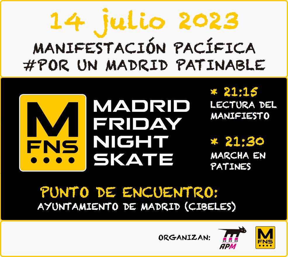 Si te gusta patinar, vente el 14 de julio que aún tendrás tiempo para votar!!!

#manifestacion 21.15h - Cibeles

#PorUnMadridPatinable
<a href="/PPMadridCentro/">PartidoPopularCentro</a> <a href="/MasMadrid__/">Más Madrid</a> <a href="/CsMadridCiudad/">Ciudadanos Madrid Ciudad</a> <a href="/PSOEMadridAyto/">PSOE en Ayto Madrid</a> <a href="/madrid_vox/">VOX Madrid</a> <a href="/equomadrid/">Partido Verde Madrid</a> <a href="/cgm_madrid/">Centro de Gestión de la Movilidad de Madrid</a>