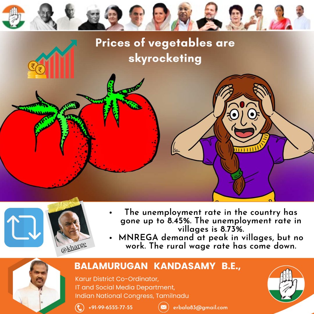 balamurugan_inc's tweet image. The prices of vegetables have reached new heights! 🚀💰
📈 Hold onto your wallets!
Here is a detailed Tweet from @Kharge Sir


#SupportINC #INC