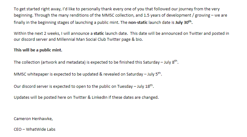 cameronhenhawke's tweet photo. Here's your July update / timeline for @MillennialManSC
This will be a public mint.
Mint date July 30th.
Date subject to change.
Be ready - #MillennialTakeover
#nft #update #nftlaunch #nftdrop #nftcommunity #web3 #crypto #sol #blockchain #solana #nfts #nftartist #tech https://t.co/8e0VmqWVY5