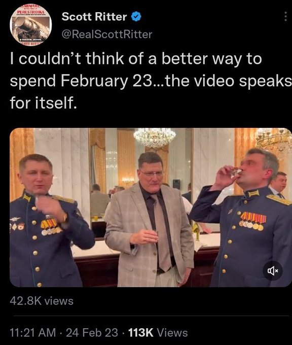 Okay, anti-woke folks who think Russia killing Ukrainians has anything to do with protecting your values (it is hard to even hypothesize): here are the Russian generals in charge of killing Ukrainians drinking vodka with Scott Ritter, convicted pendophile. [Raping children of