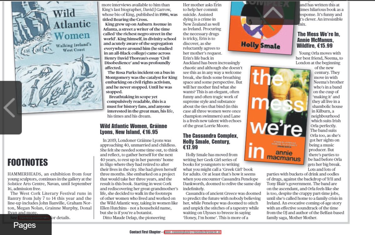 Reviews of Jonathan Eig's King, Chloe Lane's The Swimmers, Gráinne Lyons' Wild Atlantic Women, Holly Smale's The Cassandra Complex & Annie McManus' The Mess We're In in this wk's Chronicle & other papers. @GillHessLtd @NewIslandBooks @BelgraviaB @ElaineEgan_ @lauradermody3