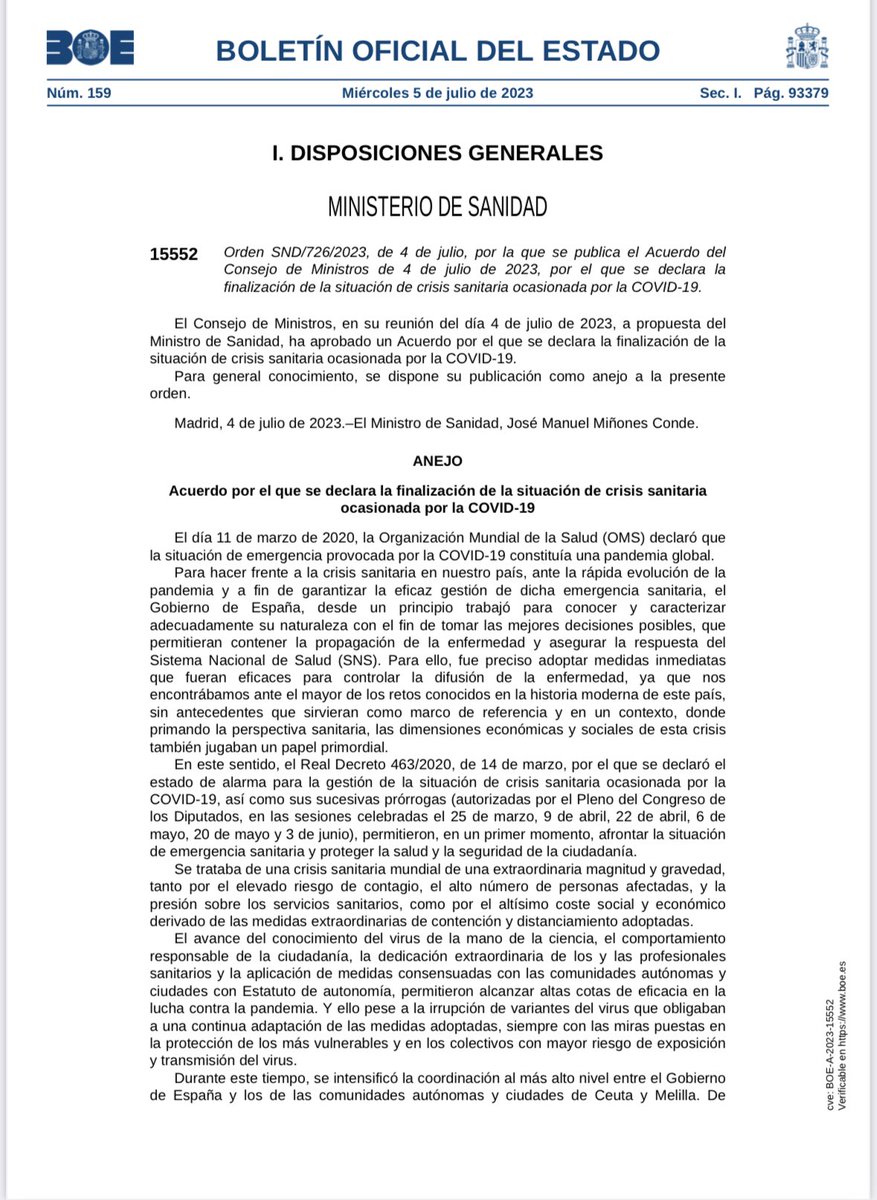 jose_minones's tweet photo. 👏👏Publicada la orden del fin de la crisis sanitaria en el BOE
✔️Desde este momento entran en aplicación todas las medidas, entre ellas la retirada de la obligación de las mascarillas allí donde todavía era obligatoria
👣Comienza una nueva etapa! https://t.co/gFHhgwABxr