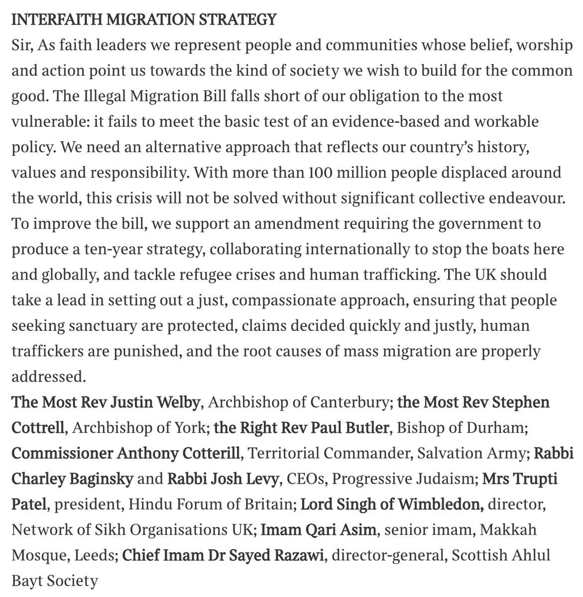 As faith leaders we're united in our concern for people seeking sanctuary. We urge the government to adopt a long term strategy to tackle this global crisis. 

Read our letter in today's @TheTimes: