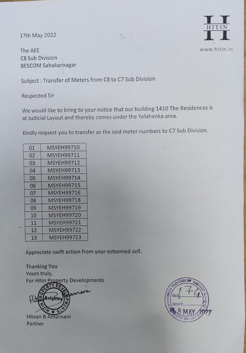 Gowda_Amit's tweet photo. @mdbescom @NammaBESCOM @BescomHelpline @KJGeorgeOffice issue about pending transfer of meters since 1 year.The Temporary meters which are under C8 sahakar nagar office to be transferred to C7 YELHANKA.Acknowledgment letter is enclosed, no response received https://t.co/WFGS7siHN2