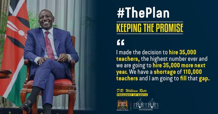 In just 6 months, President Ruto has shown his commitment to education by hiring 35,000 teachers to address the critical shortage. A commendable move towards ensuring quality education for all

#KeepingThePromise