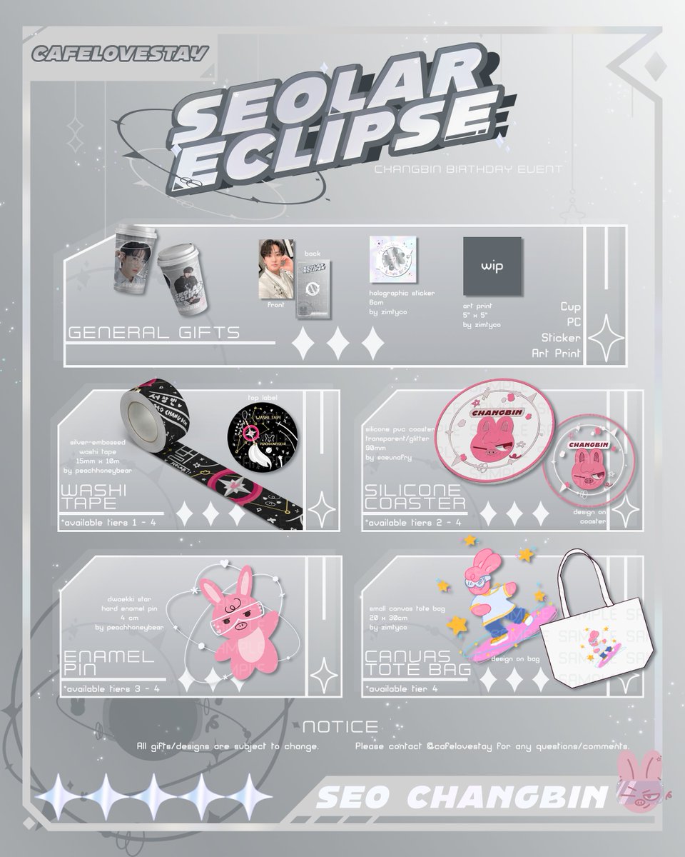 cafelovestay's tweet photo. Seolar Eclipse Donations Preview ☀️🌙
#SeolarEclipse

Accepting donations until 08/04 10:00PM PST or until supplies last!

We're excited to show you all the gifts we plan for Changbin Day~ https://t.co/ND31i9KvTI