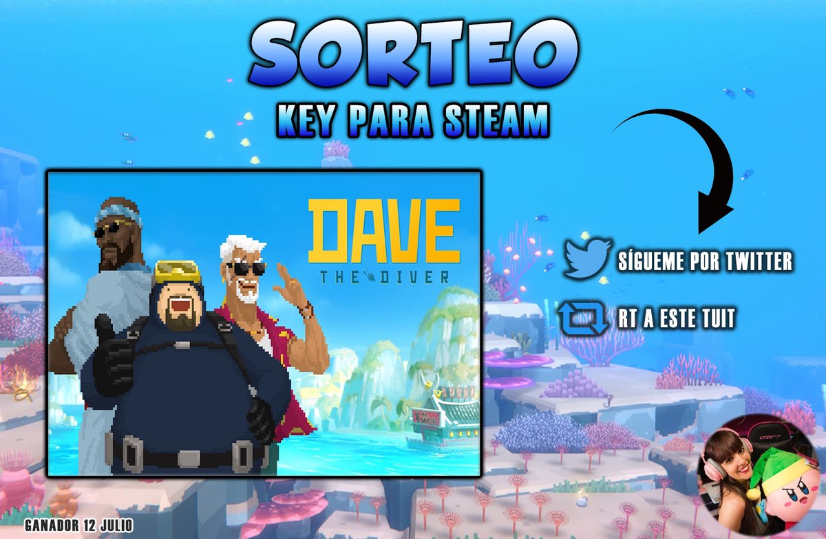 ❗️SORTEO ❗️
Para empezar el verano os traigo este sorteito de una clave para Steam de #DaveTheDiver.

PARA PARTICIPAR: 
⬇️⬇️⬇️
- Seguidme en Twitter
- Dar RT a este tweet

El 12 de julio diré el ganador. 
¡Suerte a todos! 🤞🤞
<a href="/DaveDiverGame/">DAVE THE DIVER</a> #indiedev #indiegame