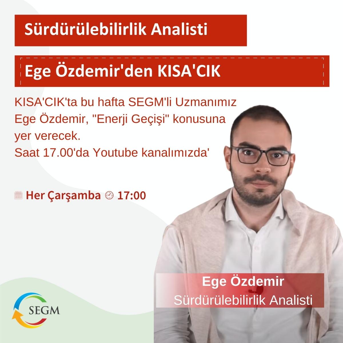 Sürdürülebilirlik Analisti Ege Özdemir'den Enerji Geçişi Hakkında Kısa'Cık
Enerji geçişi nedir, BM Raporu bize neler söylüyor, hepsi saat 17:00'da Youtube kanalımızda.
 
Linki: youtu.be/fCxJ5LPK9_U