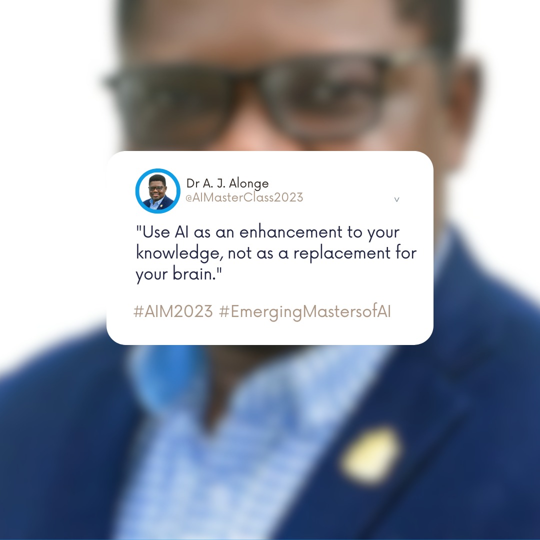 DrAlongeAJ's tweet photo. #AIMasterclass Reflections
"Utilize AI as a supplement to your knowledge, not as a replacement for your brain," -@DrAlongeAJ
#EmergingMastersofAI #AIM2023 with @didigital_libr #retweet https://t.co/0Dsy8x9z4Z