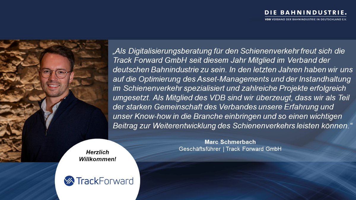 Wir heißen herzlich die Track Forward GmbH in unseren Reihen willkommen! Der Digitalisierungsspezialist konzipiert+designt+entwickelt innovative Schienenverkehr-Software, u.a. für intelligente Wartung. Website👉t.ly/9PjG VDB-Mitgliedschaft👉bit.ly/3K8EmFY