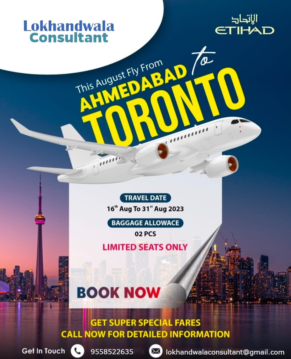 This August Fly From AHMEDABAD to TORONTO..
Call us for more details
#lokhandwalaconsultant #ahmedabad #toronto #flighttickets #toursntravels #tourism #trending #airindia #ahmedabadairport #svpiairport #traveltips #traveller #Students