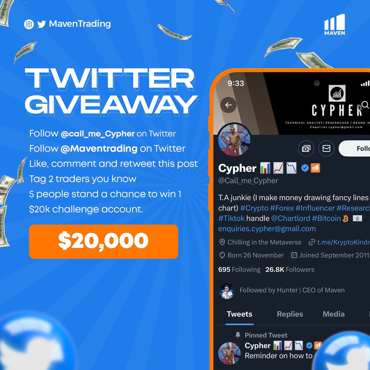 chartlord's tweet photo. Courtesy of @Maventrading, I'll be giving away 20$k challenge accounts to 4 lucky persons and 1 20$k challenge account to one of my most active followers. 
To qualify ;
- Follow @chartlord, @Maventrading, @Traderz_Hub 
- Like, retweet and tag 2 traders you know to this tweet.

Winners will be announced in 24hours hours. Good luck!!!