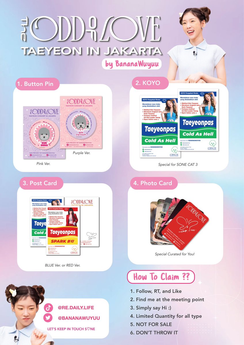 bananawuyuu's tweet photo. {Help RT&amp;Like} 

✧ Freebies TAEYEON CONCERT: The ODD Of LOVE in Jakarta ✧ 
By @bananawuyuu

📍 meeting point TBA
🎁 For Freebies - 1st Pic
🛍️ For Trade - 2nd Pic
💗 SONE &amp; Taengbba

see ya!

#TAEYEON #TheODDOfLOVE_in_JAKARTA #TAEYEONinJAKARTA #TAEYEONCONCERT_TheODDOfLOVE #태연 https://t.co/qtW6c3DWHv