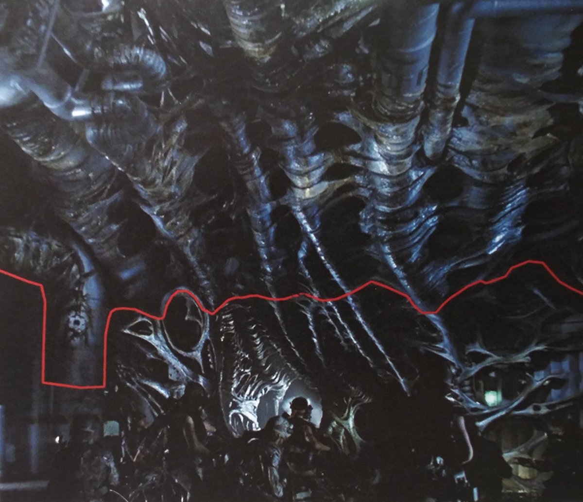 LASTEXITshirts's tweet photo. Today I learned that this shot in 'Aliens' was a mixture of model work, a real set and forced perspective.
The red line is where the miniature model ends, with the real set behind.
- Jamie https://t.co/ZesPWHkR8e