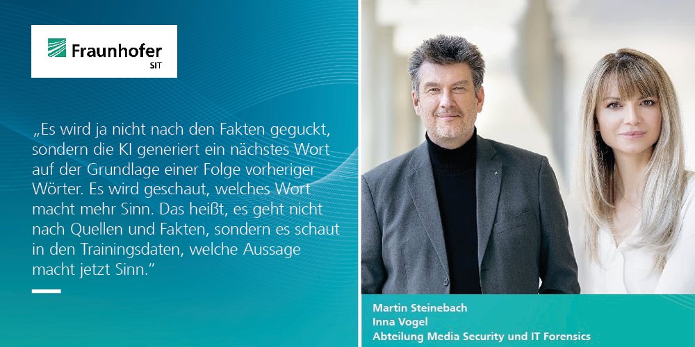 FraunhoferSIT's tweet photo. #Hörtipp
Unsere IT-Forensik-Experten Inna Vogel und Martin Steinebach waren bei #Diggafake zu Gast.
In der Podcast-Folge sprechen sie über #ChatGPT und warum KI Texte plausibel klingen, aber falsche Tatsachen beinhalten.
Der Podcast ist hier verfügbar: https://t.co/cUyIR8uTbM https://t.co/Xfo3c0J2U3
