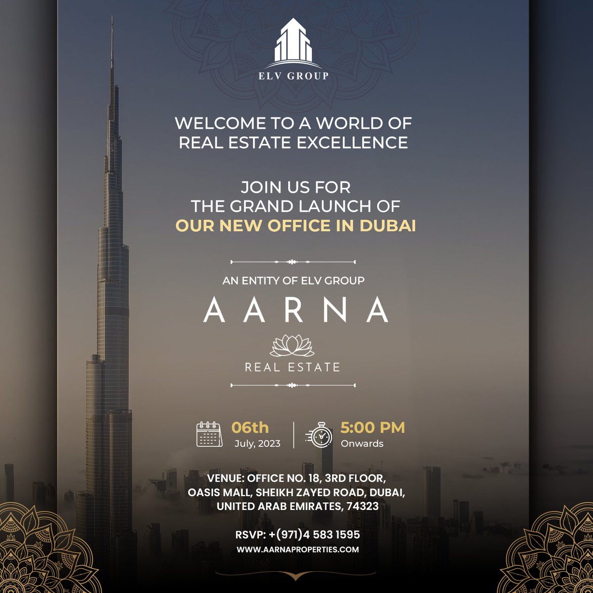 ElvprojectsElv's tweet image. ELV GROUP is Excited to Expand its presence across Overseas with the Launch of a BrandNew Office &quot;AARNA - The Real Estate&quot; in the mesmerizing City of DUBAI.

#ELVGROUP #Aarna #elvprojects #newoffice #dubairealestate #realestate #realestatedubai