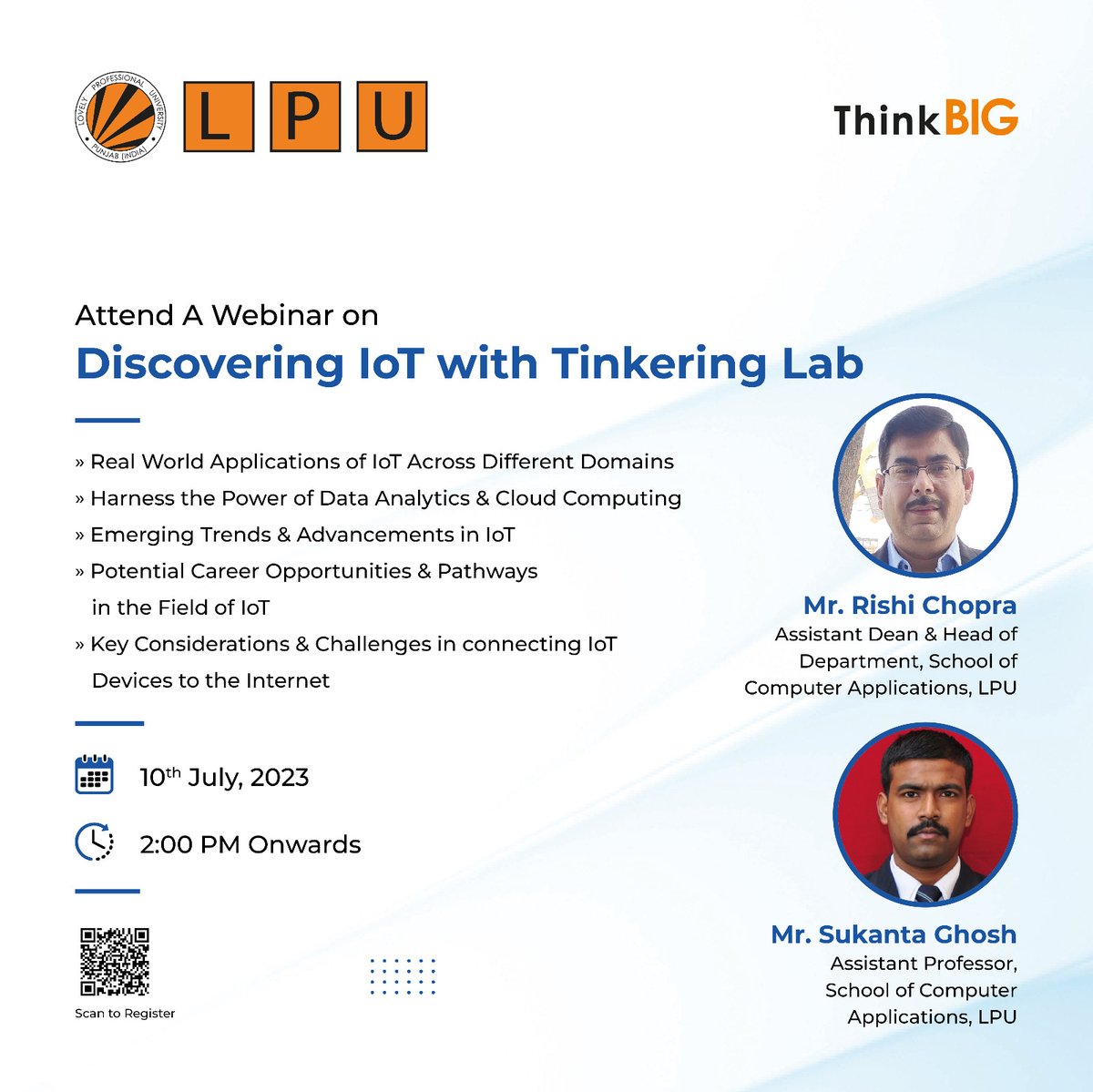 LPUComputerApp's tweet photo. A webinar is organized on 10th July at 2:00 PM on "Discovering IoT with Tinkering Lab" in which Mr. Sukanta Ghosh (Asstt Prof,SCA, LPU) is the resource person accompanied by Mr.Rishi Chopra (Asstt Dean &amp; Head of Department,SCA,LPU). 
Register at: https://t.co/dw0l8L8sm5 
#sca_lpu https://t.co/VN5oHyqipM
