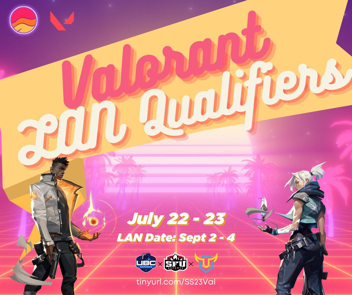 🚨 Ask and you shall receive 🫡 We’re hosting another Valorant LAN with SFU and UVICfps for Sunset Series🚨
Join us on July 22-23 to see if you have what it takes to make it to LAN. All ranks are welcome &amp; entry is free! This year’s prize pool is $1400+🤑

tinyurl.com/SS23Val