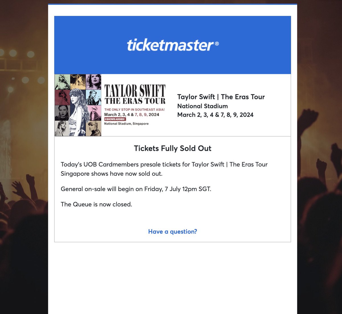 JennyFaith's tweet photo. Nooooo 

After queuing for 3 hrs, #TaylorSwift concert tickets sold out and I didn’t get the email (access code) for the general sales. 😓 #Swiftie https://t.co/9hhHHEvbrL