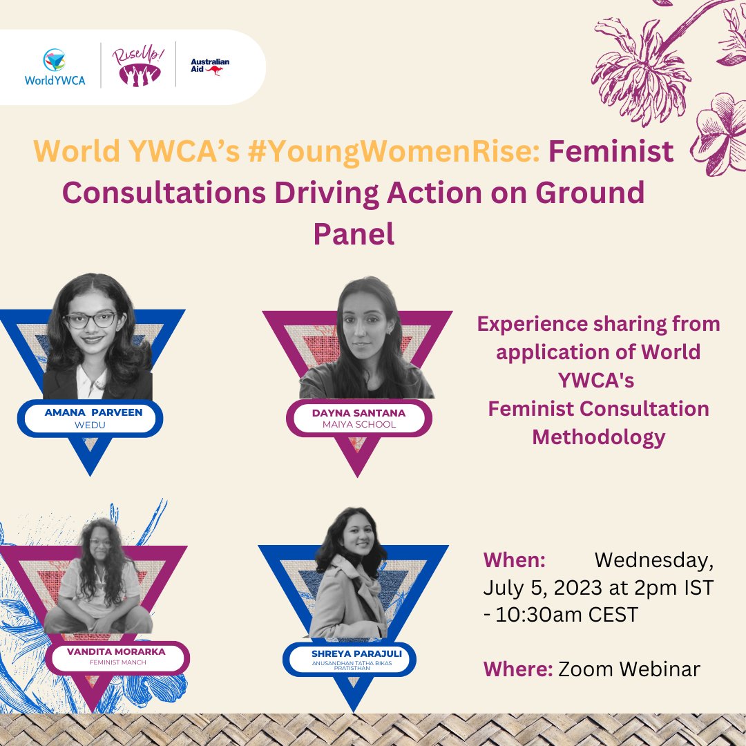 Join us and <a href="/worldywca/">World YWCA</a> for #YoungWomenRise: Feminist Consultations Driving Action on Ground panel to hear from young feminists like <a href="/vanditamorarka/">Vandita Morarka</a>
From <a href="/FeministManch/">Feministमंच</a>, <a href="/onefuture_india/">One Future Collective</a>

📅 TODAY July 5, 2023
⏰at 2pm IST - 10:30am CEST
🔗…
us06web.zoom.us/webinar/regist…